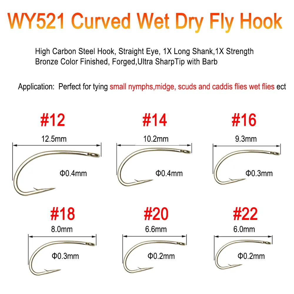 ICERIO 500PCS Fly Tying Hook Nymph Bug Shrimp Scud Pupae Larvae Caddis Flies Fishing Hooks #8~#16 Fly Fishing Hook