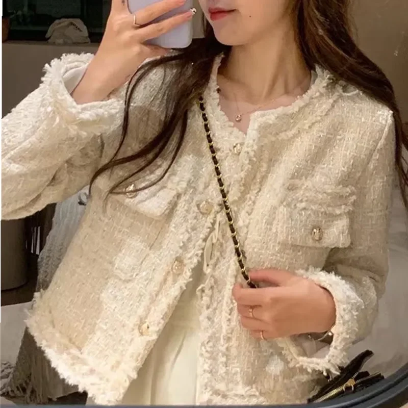 

New Fashion Korean Chic Vintage Tweed Woolen Jacket Coat Women Autumn Single Breasted Plaid Tassel Office Lady Outwear Jackets
