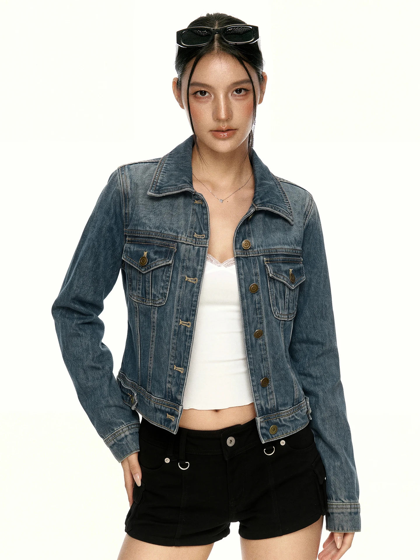Aaisup American Retro Blue Workwear Denim Jacket Women's Short Style Casual Fit Jeans Material Autumn Top Button Closure