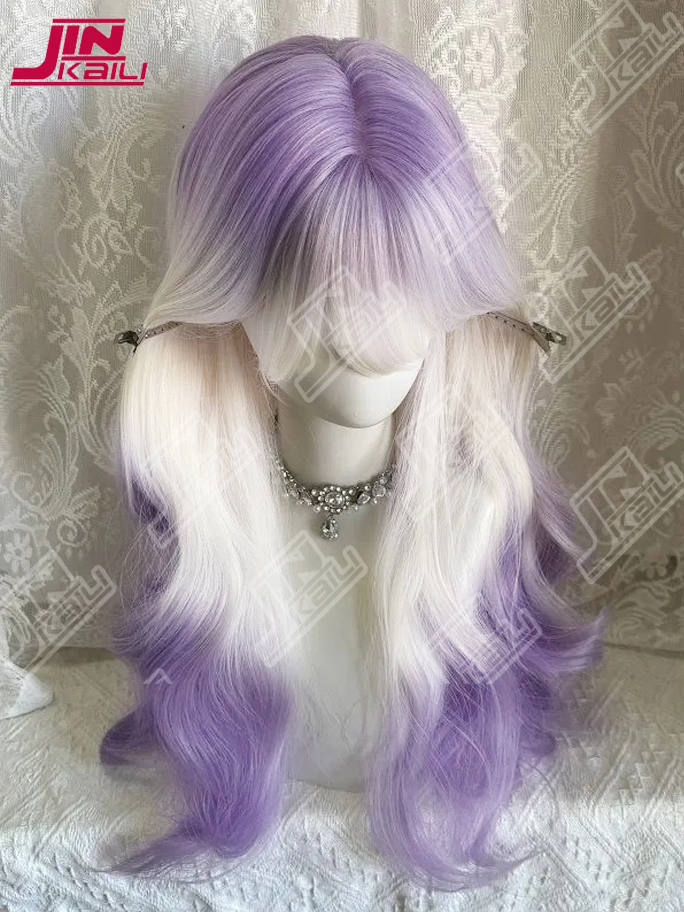 JKL الاصطناعية النساء لوليتا متموج مجعد الحليب الأبيض التدرج البنفسجي اللون طويل مجعد خصلات الشعر المستعار مع الانفجارات شعر مستعار تأثيري #5