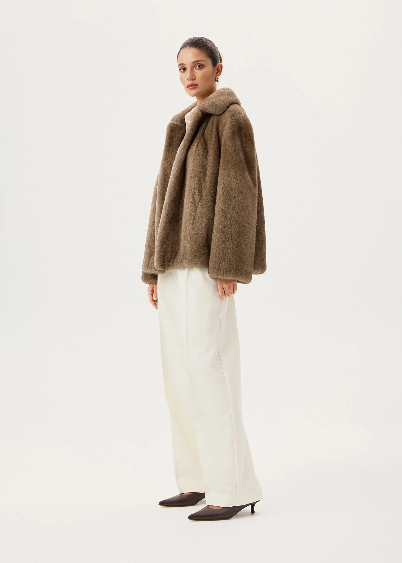 DFDG Women Notched Lapel Faux Mink Fur Short Coat Open Front Soft Thick Warm Luxury Winter Elegant Furry Outerwear Jacket