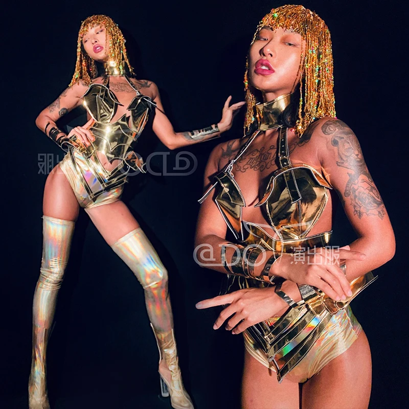 Drag Queen Outfits Women Stage Costume Golden Armor Futuristic Performance Suit Nightclub Gogo Dance Wear Party Rave Outfit 4260