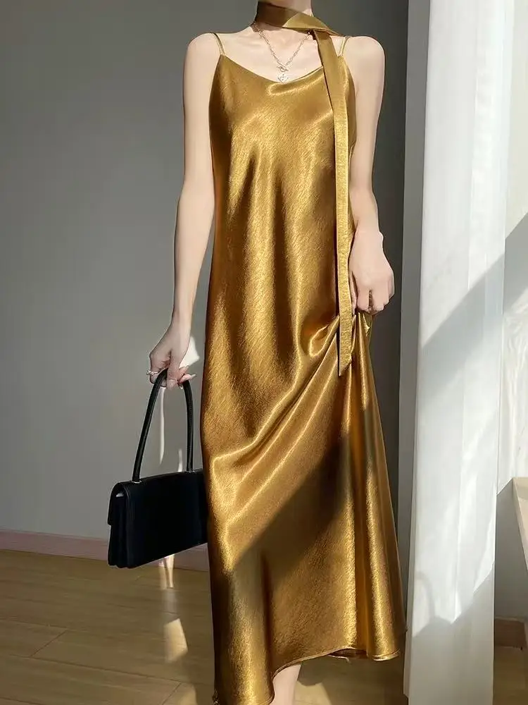 Robe française élégante en Satin pour femmes, ample, avec ruban, mi-longue, mode féminine, esthétique, robe de soirée, été