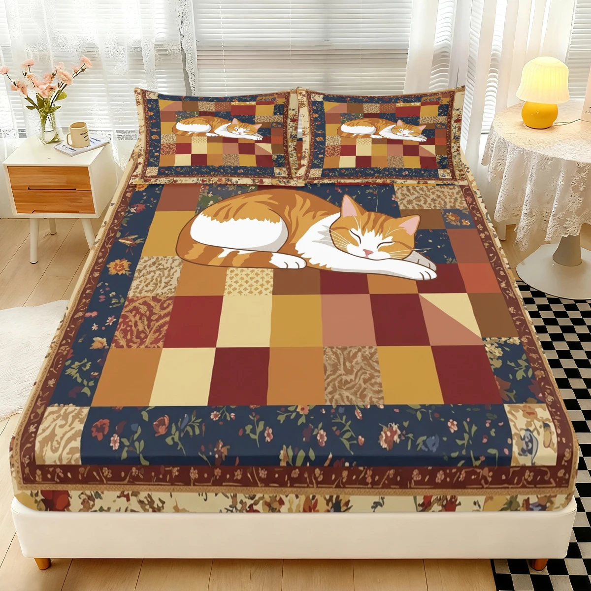 Retro Multi Color Block Patchwork Kitten Fitted Sheet 3PCS, Country Floral Border Sleeping Orange Cat Elastic Mattress Cover