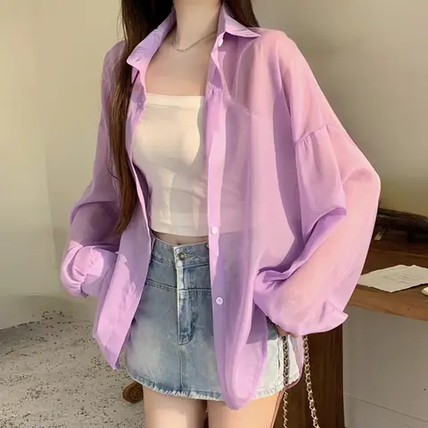 여성용 새틴 효과 셔츠 경량 세미 쉬어 버튼 업 옷깃 칼라 긴 소매 셔츠 복장 Teen-girl Casual Chic Tops