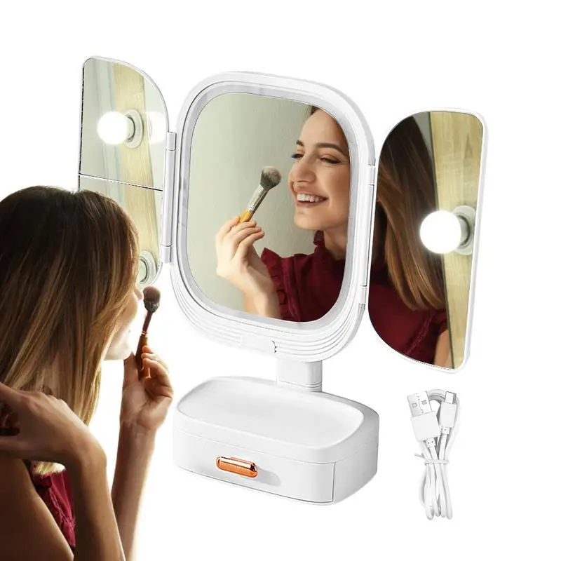 Opvouwbare Make-Up Spiegel Van Hoge Kwaliteit Draagbare Desktop Spiegel 3 Kleuren Verlichtingsmodus Vrouwen Effen Kleur Staande Make-Up Spiegel