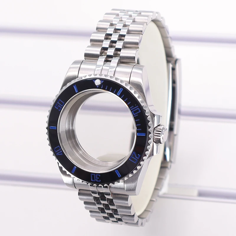 Fanya 40mm Watch Case 5-link bracelet Blue letters bezel Sapphire Glass For Seiko Nh35 Nh36 Eta 2824 Miyota 8215 Movement 28.5mm