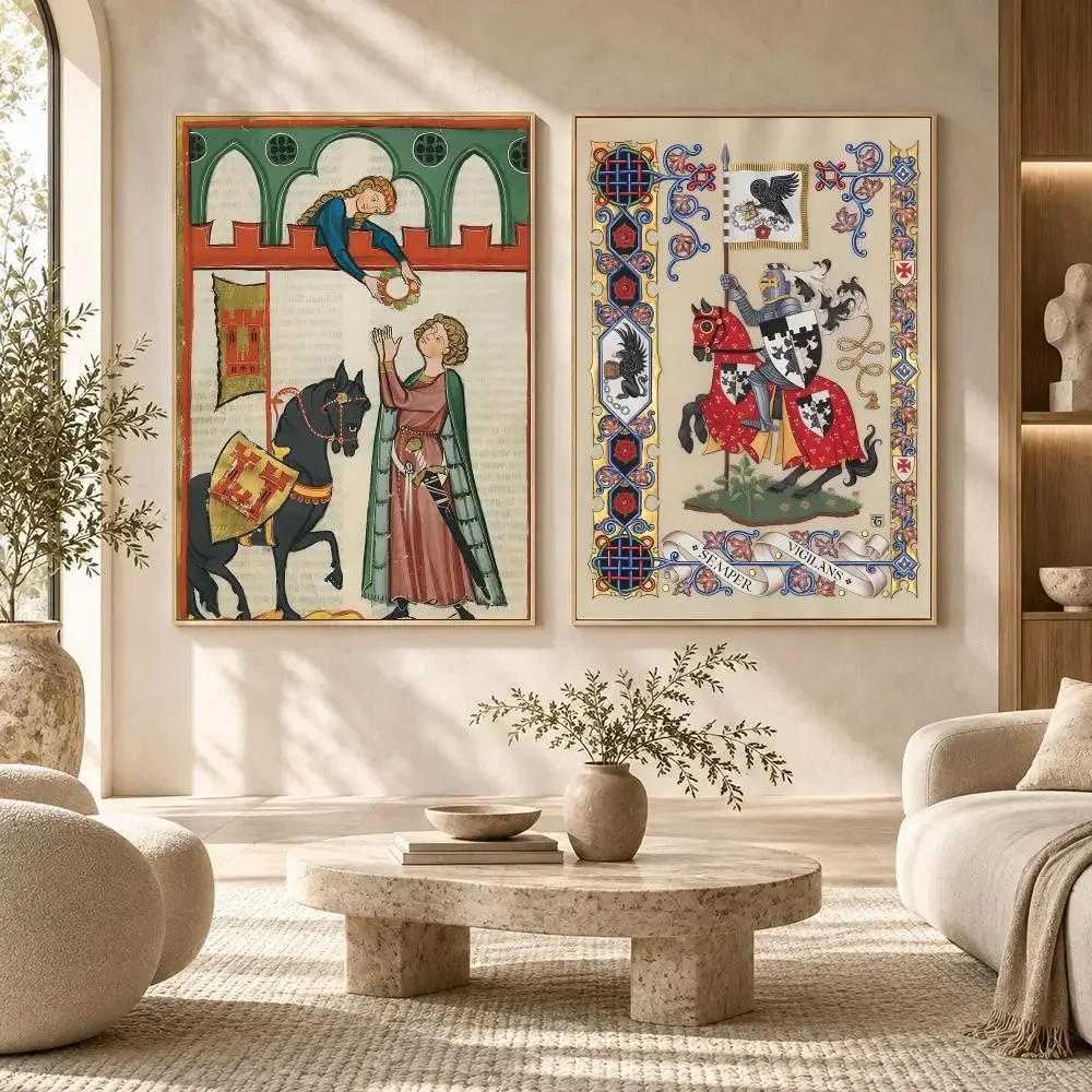 Medieval Gothic Knight Illuminated Manuscript Poster Self-adhesive Living Room Bedroom Party Bar Decor Moisture-proof