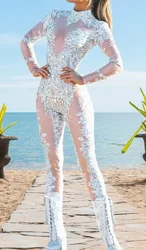 Strass steine funkelnden Overall Mode sexy nackte große Stretch Tanz kostüm einteilige Bodysuit Geburtstag Outfit Party Leggings pt