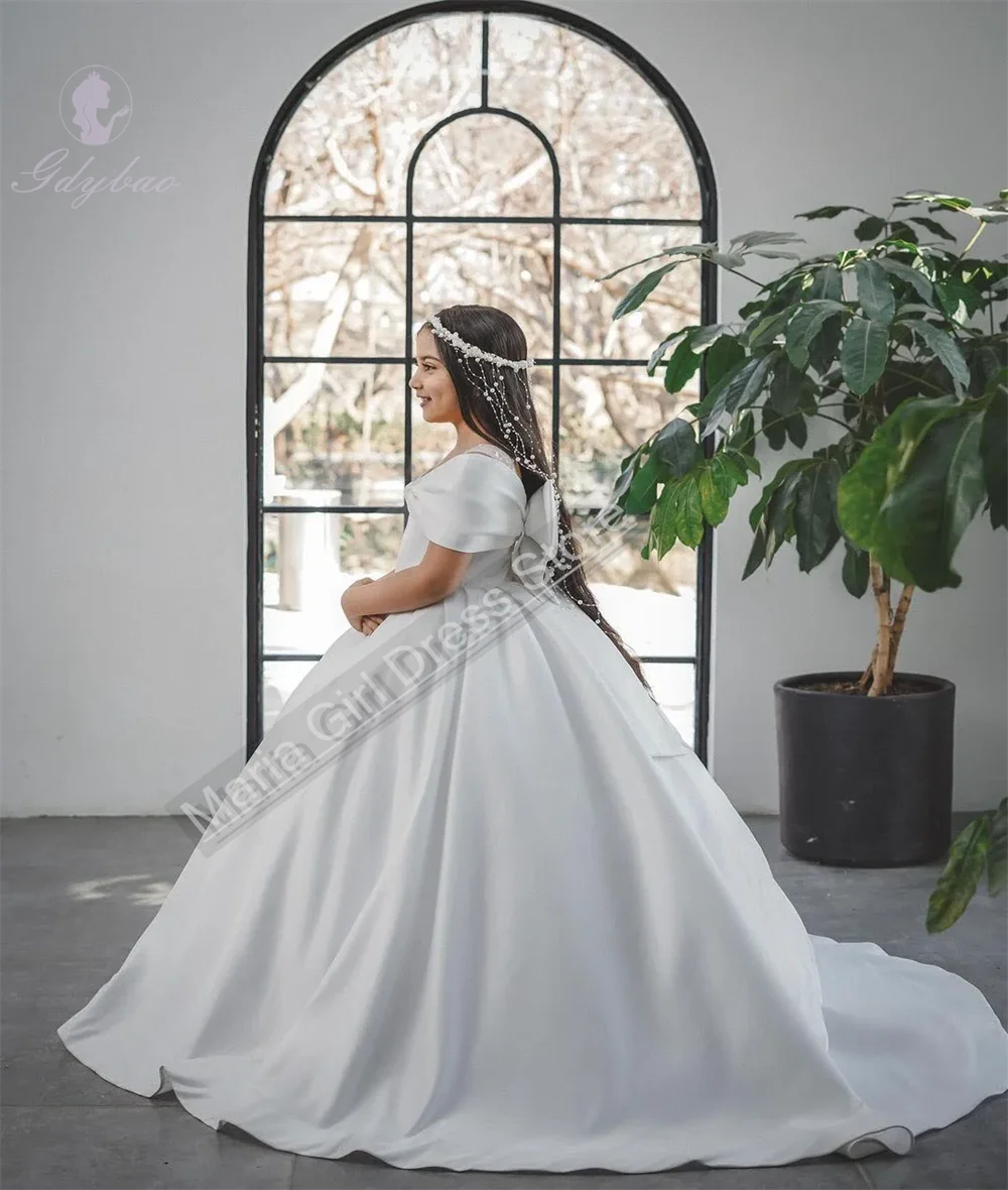

New 2025 White Satin Fluffy Flower Girl Dress For Wedding Bow Wedding bridesmaids Party First Communion Prom Gowns