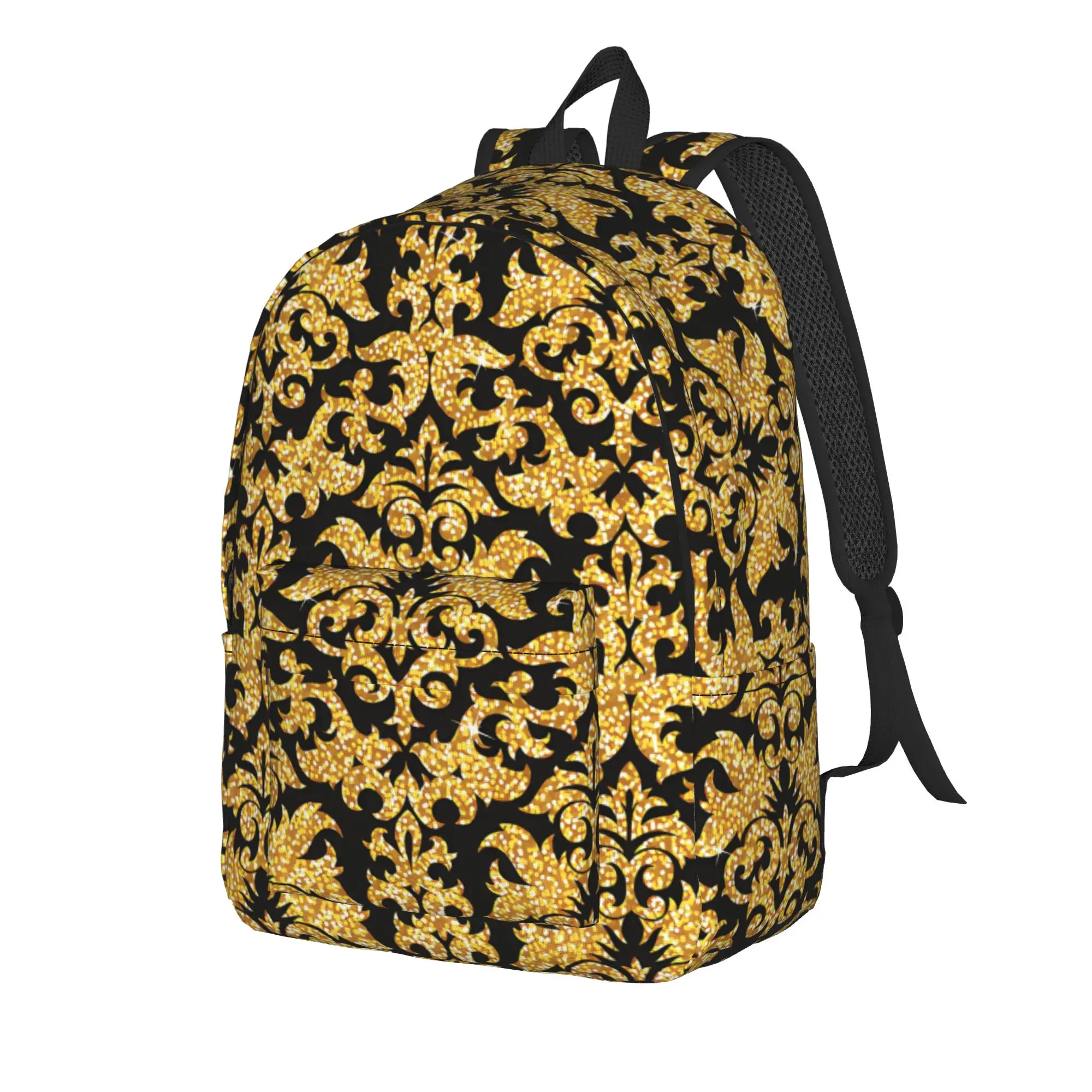 Custom Golden Lion And Damask Ornament Backpack  Student Polyester Workout Backpacks Soft Kawaii High School Bags Rucksack