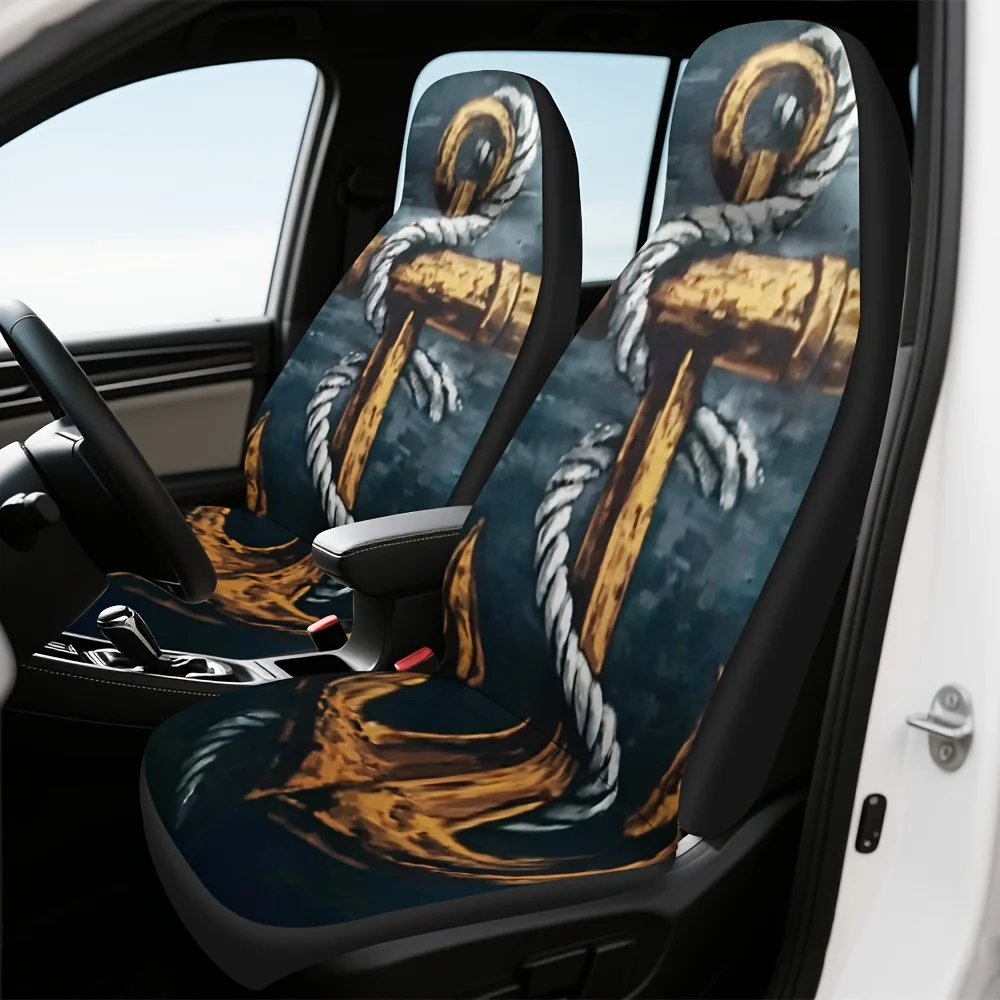 2pcs, Trendy Anchor Print Front Seat Covers, Enhances Car Interior With Front Seat Makeover, Simple To Use For Everyday Front Se