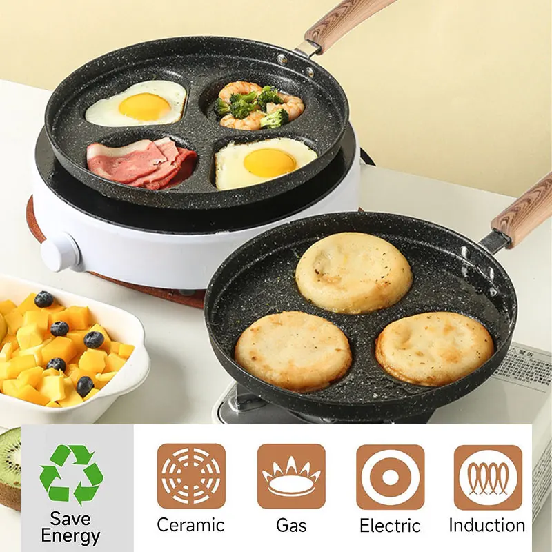 3/4 Hole Thickened Omelet Pan with Oil Brush Egg Cooker Frying Pan Multifunction Breakfast Pancake Burger Bacon Egg Skillet Pans