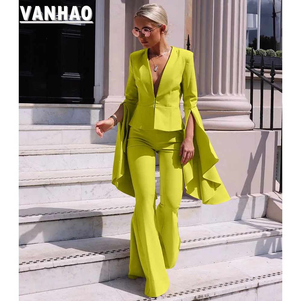 

VANHAO Streetwear Chic Sleeve Blazer and Long Flare Pants Solid Color Two Piece Set Women Outfit 2023 Wholesale Dropshipping