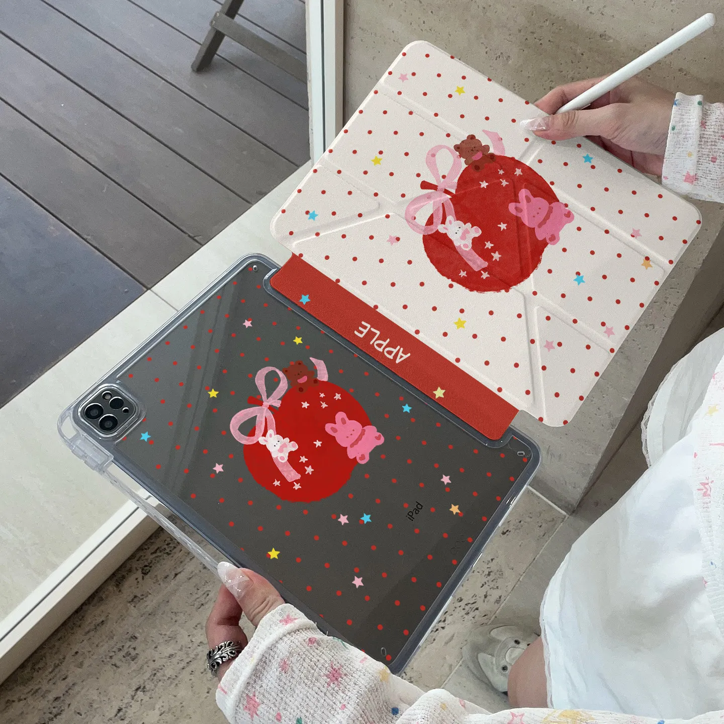 Ins Korean Red Dot Apple Bear Y2K Tablet Case For iPad Pro 13in 11th M5M4 12.9in A16 7/8/9/10th Air4/5/6/7 11in M2M3 Mini Cover