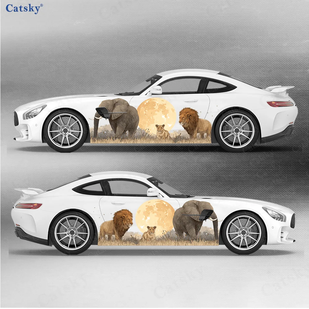 adesivo-per-auto-con-elefante-e-leone-al-tramonto-2-pezzi-durevole-resistente-allo-sbiadimento-migliora-la-bellezza-del-veicolo-con-un-design-artistico-rivestimento-in-vinile-per-auto