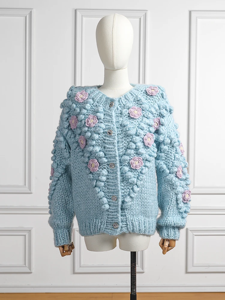 Jastie 2022 Crochet Flowers Winter Knitted Sweaters Women Boho Fashion Handmade Solid Top Warm Single Breasted Cardigant Sweater