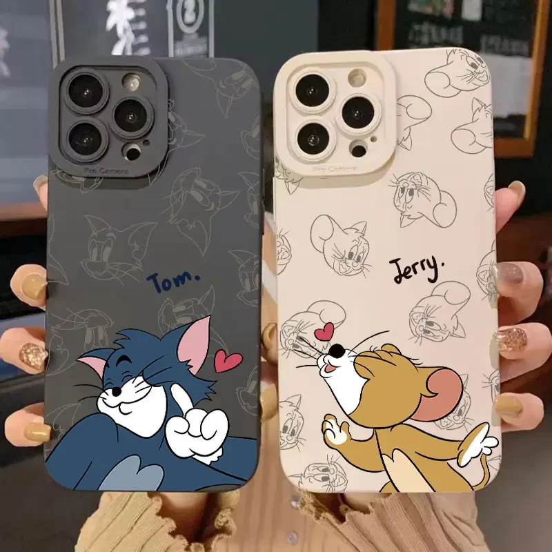 Soft Liquid Silicone Phone Case For iPhone16 11 12 13 14 15 Pro Max Mini Plus XS X XR Max 7 8 Kiss Couple Tom-Jerry Back Cover