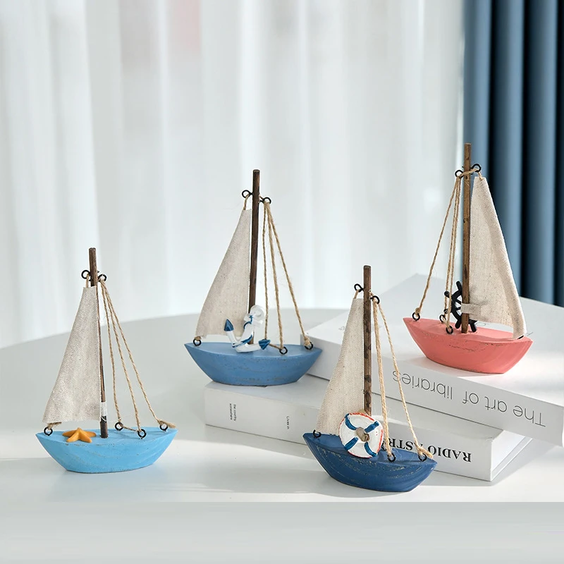 Mediterranean Retro Colorful Fabric Wooden Sailing Boat Small Wood Boat Model Crafts Desktop Ornaments Souvenirs Gift Home Decor