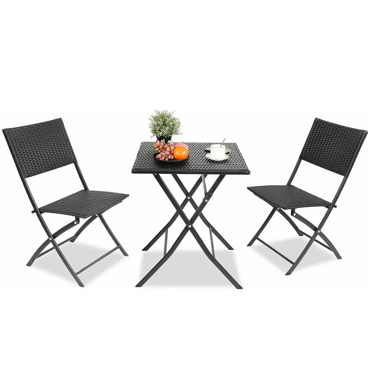3-teiliges faltbares Terrassen-Bistro-Set, Garten-Terrasse, handgewebtes Rattan-Korbgeflecht-Set, klappbarer PE-Korbgeflecht-Tisch und 2 Stühle