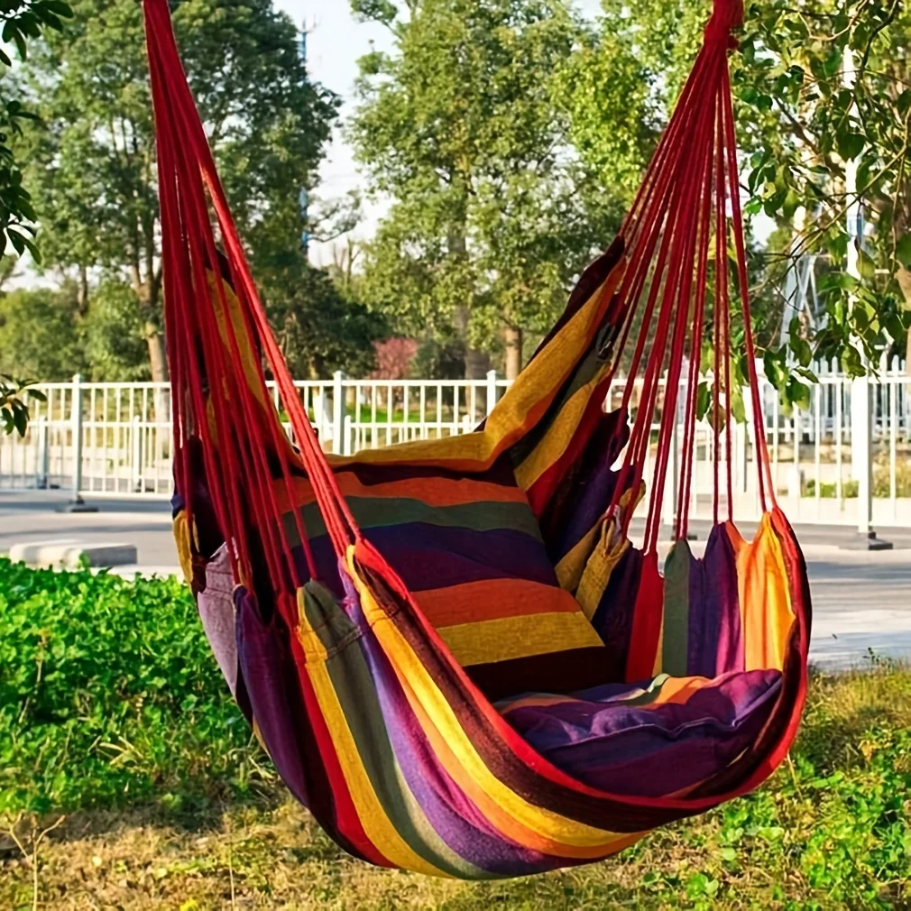 1pc Outdoor Hammock Chair, Canvas Leisure Swing Hanging Chair, Without Pillow And Cushion, Garden Leisure Furniture Hammocks