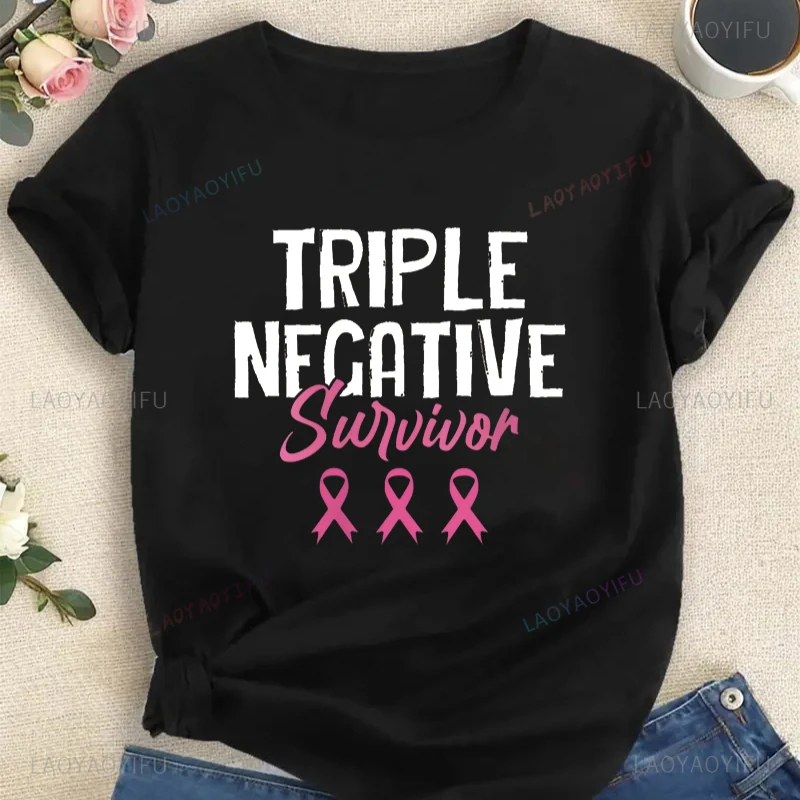 Triple Negative Breast Cancer Awareness Warrior Pink Printing Tshirt Personality Rainbow Meaningful Gift Women's Cotton T-Shirt