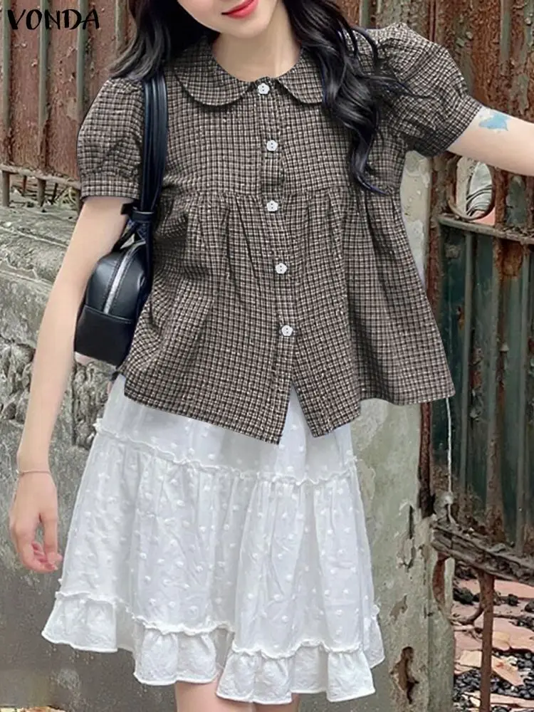 Koszule VONDA Fashion 2025 Damskie Bluzki w Kratę z Krótkim Rękawem Letnie z Kołnierzykiem Luźne Tuniki Casualowe Vintage Bluzki w Kratę Blusas Femininas