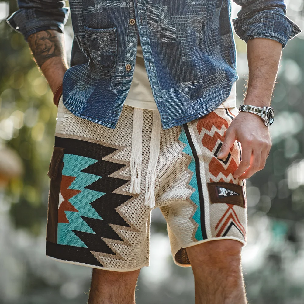 Maden Vintage Navajo Totem Knitted Shorts Men\'s Casual Embroidery Geometric Beach Short Pants Drawstring Elastic Waist Shorts