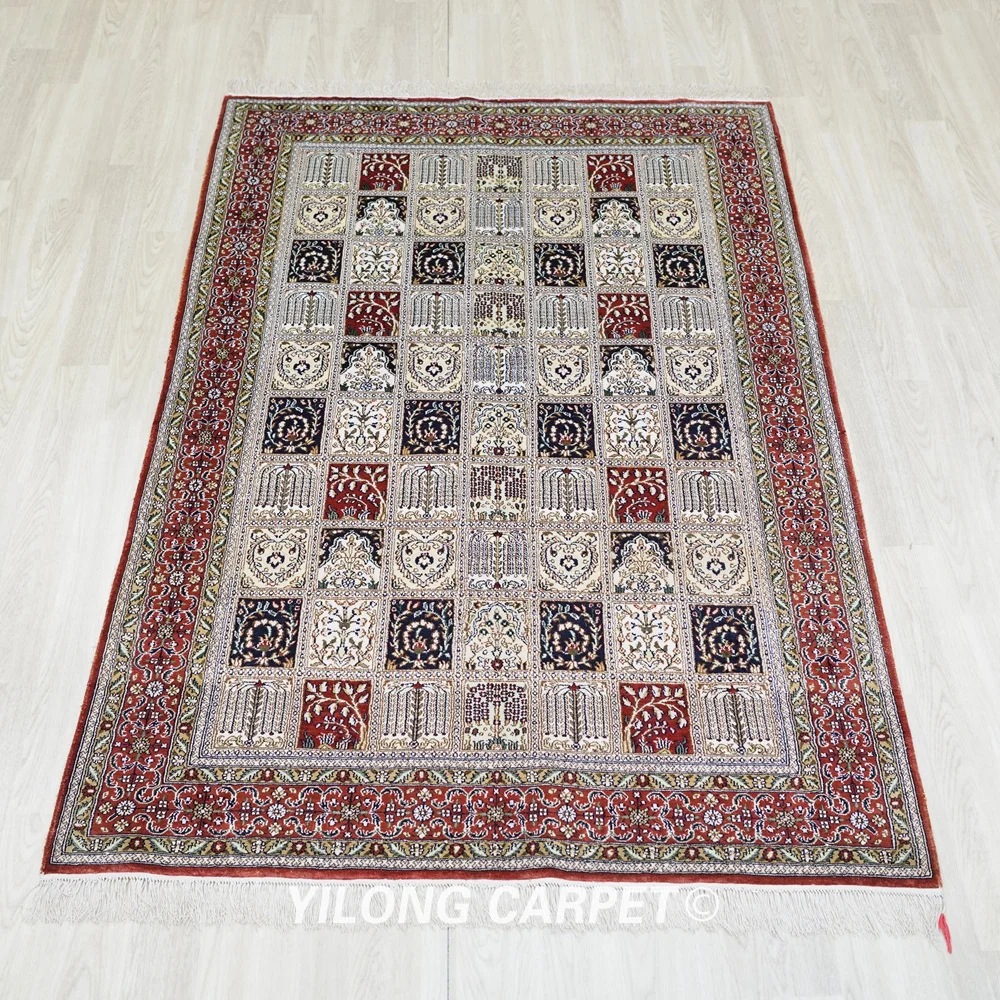 122x183cm Handknotted Silk Carpet Garden Scene Easy to Clean Durable Rug (YHW756B)