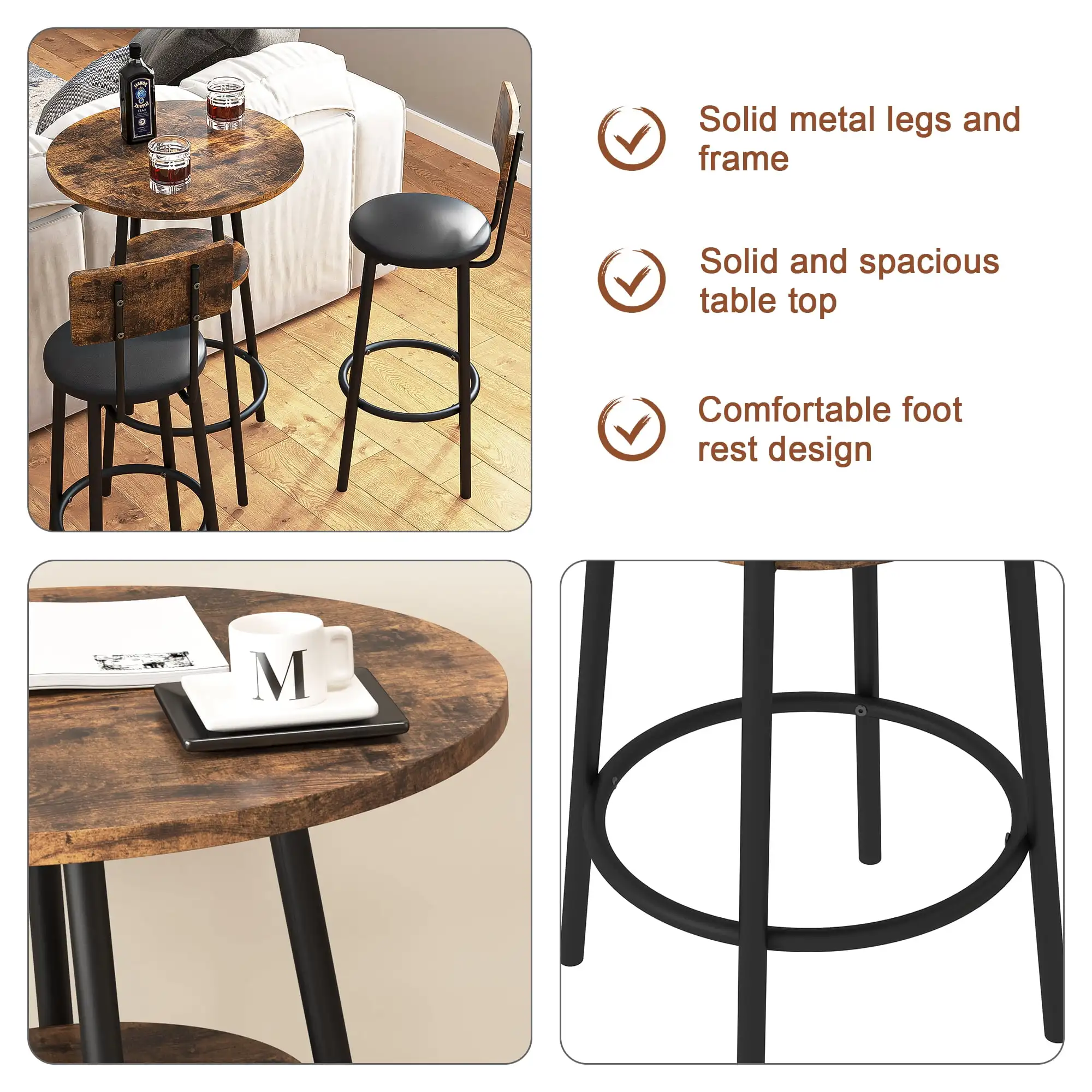 3-Piece Dining Round Table and Chairs Set, Industrial Bar Table Set Kitchen Table and 2 Stools on Breakfast Nook, Rustic Brown