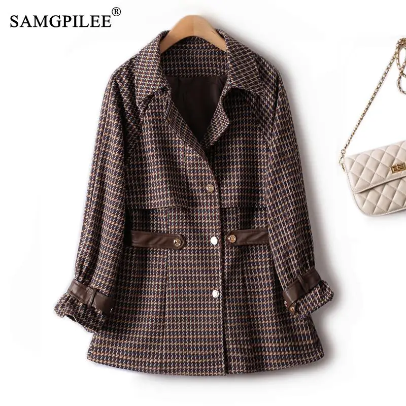 

Winter Coat For Women High-quality Windbreaker 2022 New Turn Down Collar Waist Double Breasted Houndstooth Plaid Coats Woman 4XL