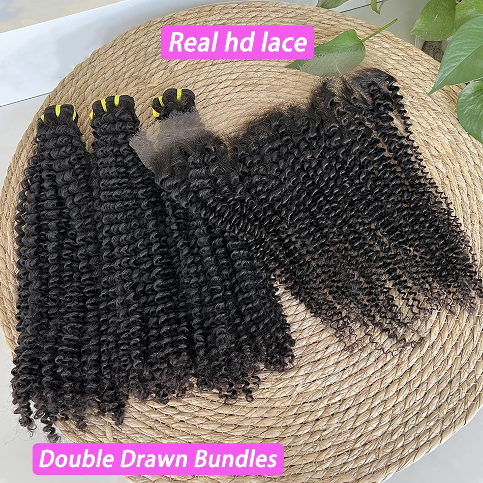 Kinky Curly Double Drawn Human Hair Bundles With 13x4 HD Lace Frontal 4x4 5x5 HD Closure Natural Color Hair Weaving Extensions