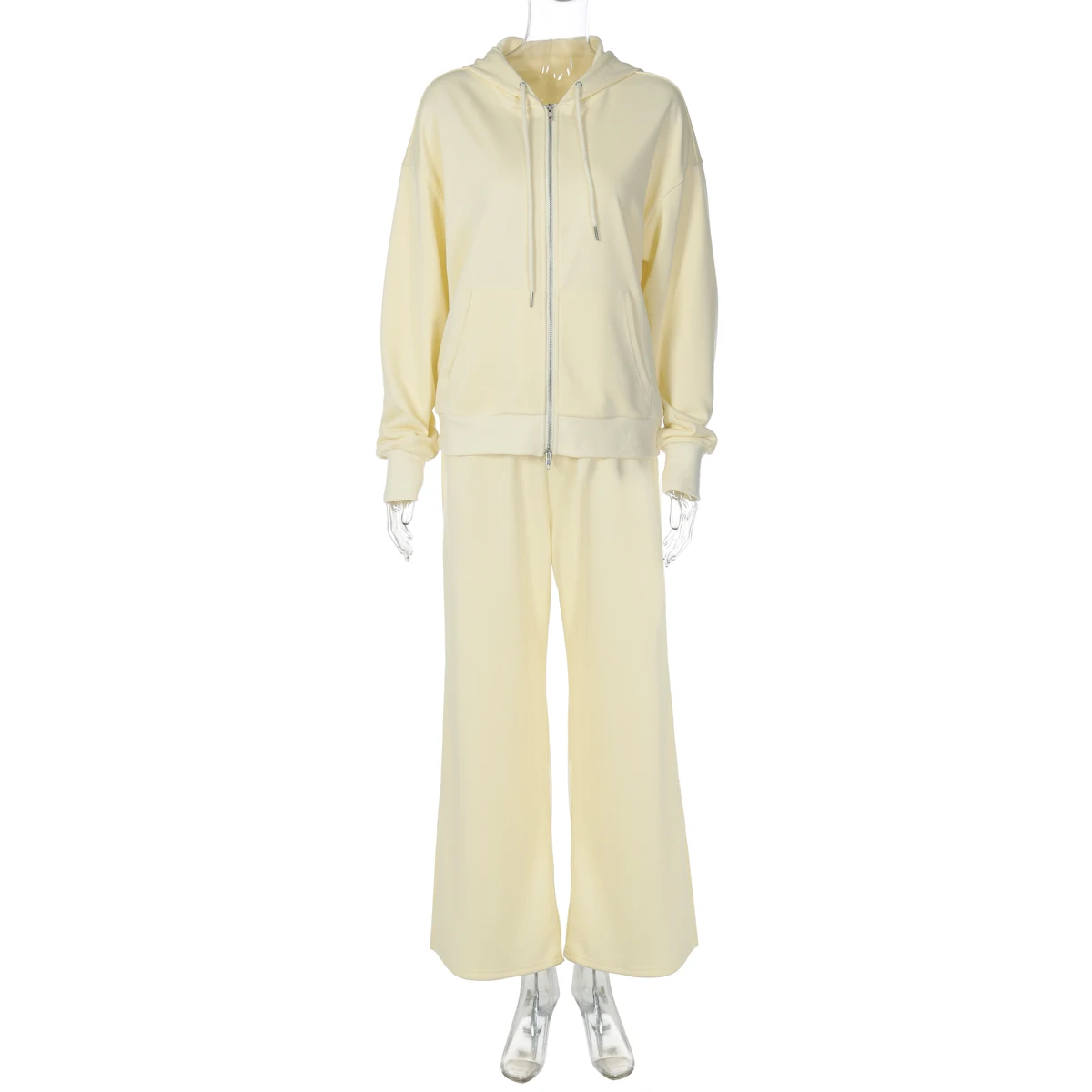 Pantaloni da donna a gamba larga con coulisse tinta unita Abito a maniche lunghe con cerniera ritagliata Giacca con cappuccio casual da donna High Street Set da 2 pezzi