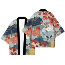 Unisex Japanese Kimono Blue Scale Wave Pattern Print 1/2 Sleeve Open Yukata Minimalist Street Outerwear Trend Street Outerwear