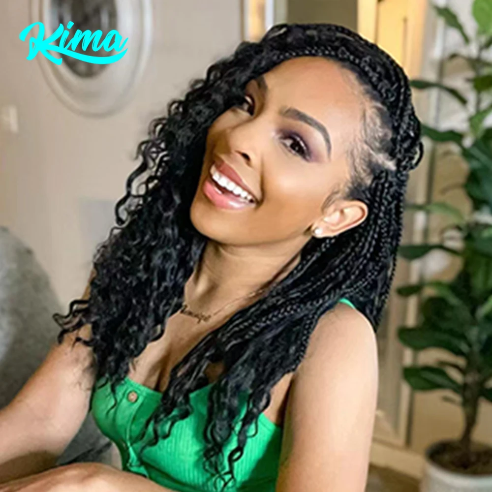 Kima-peruca sintética trançada boho curta para mulheres negras, perucas cheias de renda, tranças boêmias, cabelo encaracolado com cabelo de bebê