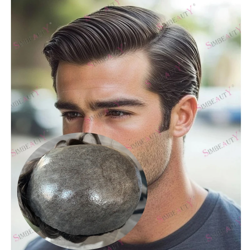 

Comfortable Man's Human Hair Wigs Dark Brown Wavy Natural Hairline Men Silicon Toupee Super Durable Black Grey Hairpieces System