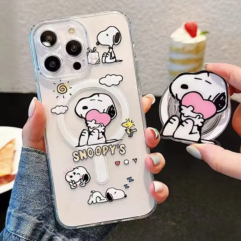 Magnetic Holder Magsafe Wireless Charge Snoopy Phone Case For Samsung Galaxy S24 Plus Ultra S23 S22 Utlra Plus S24+ Clear Casing