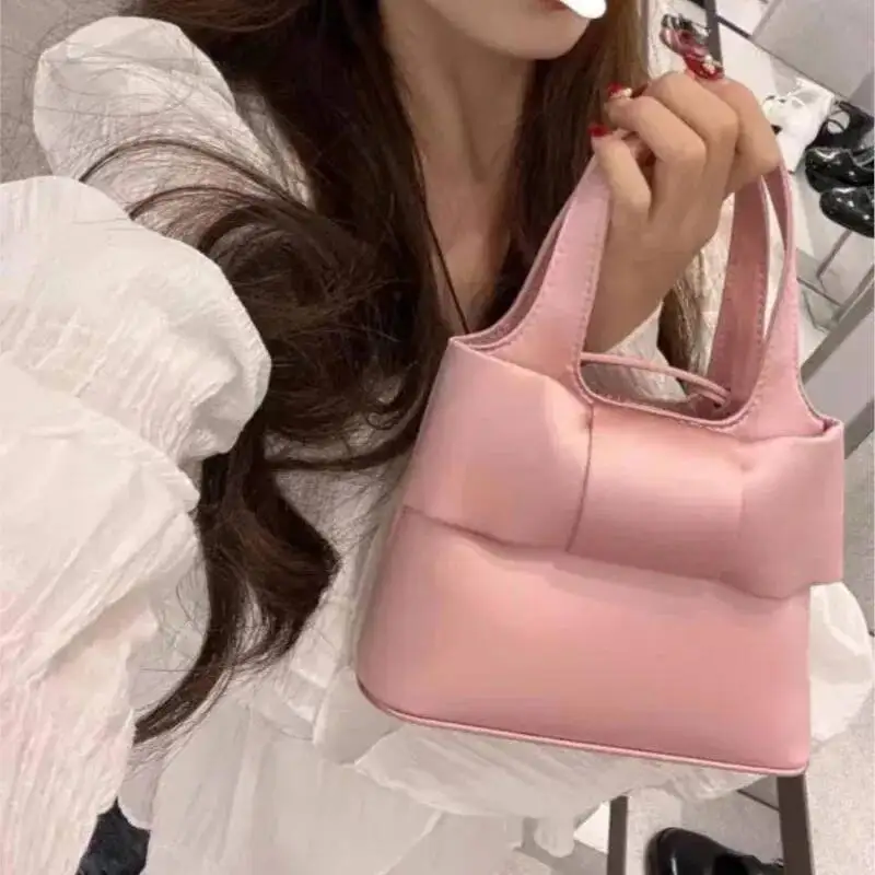 Bloom Sweet Cute Pink Hand Bag Wallet Women Fairycore Aesthetic Bow Satin Handbag Purse Girls Retro Shoulder Crossbody Bags