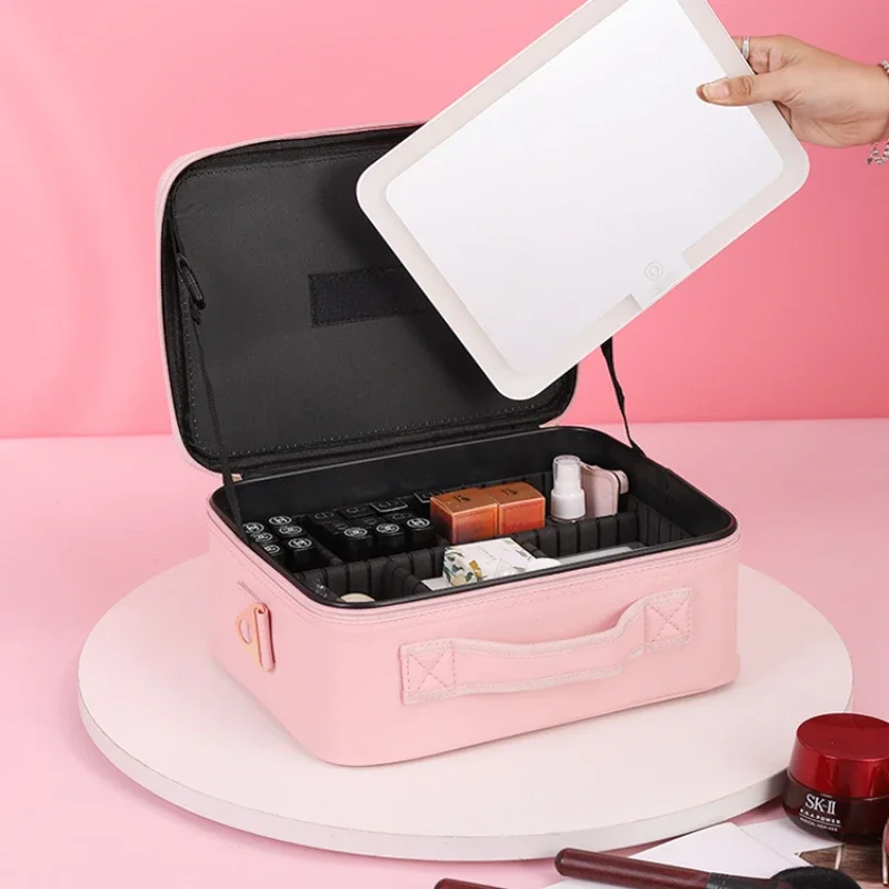 Ladies cosmetic bag with lamp mirror cosmetic case professional with makeup artist portable storage bag