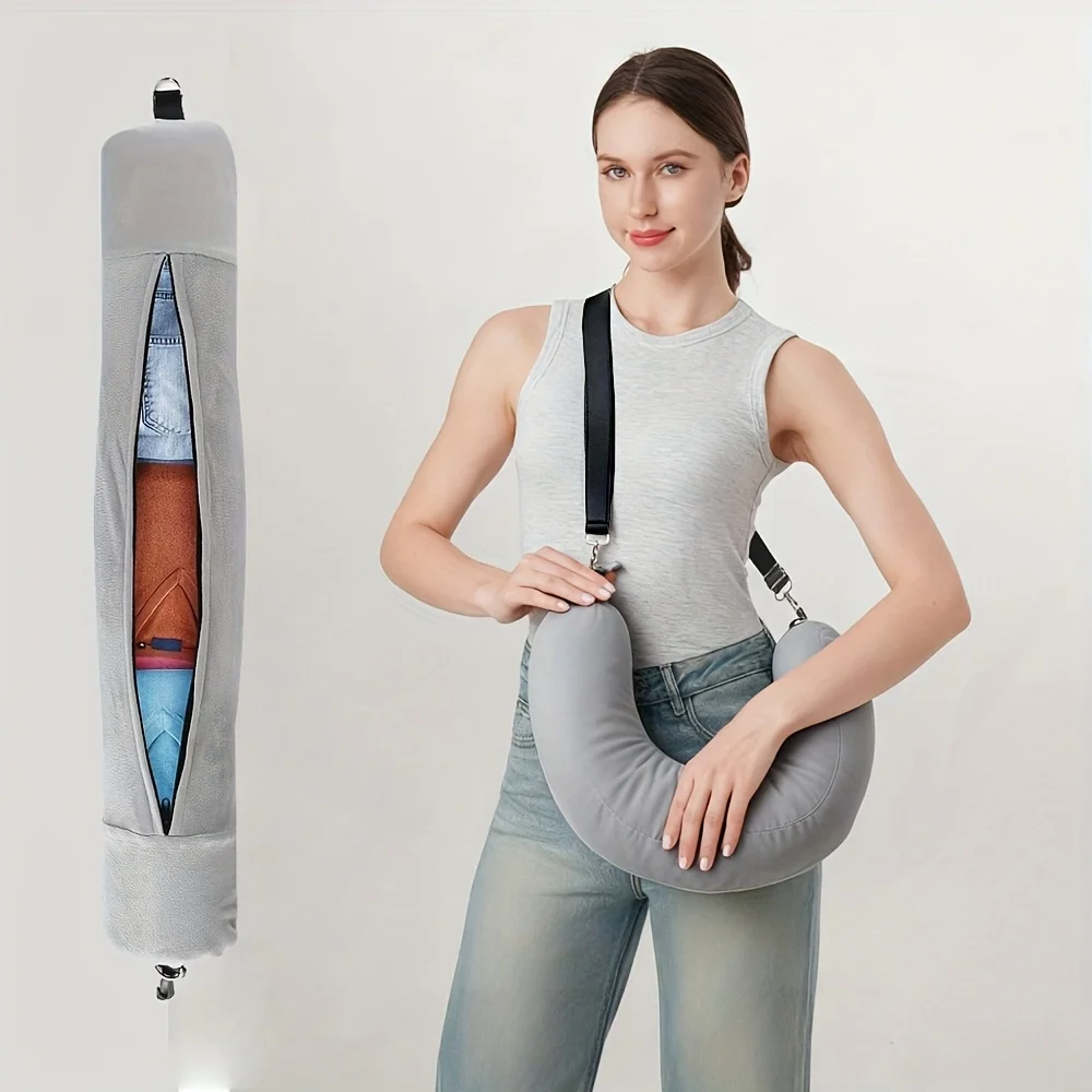 【1Set U-Shaped Pillowcase With Straps Crystal Fleece Neck Pillow Cover Storage Bag For Airplane Travel】