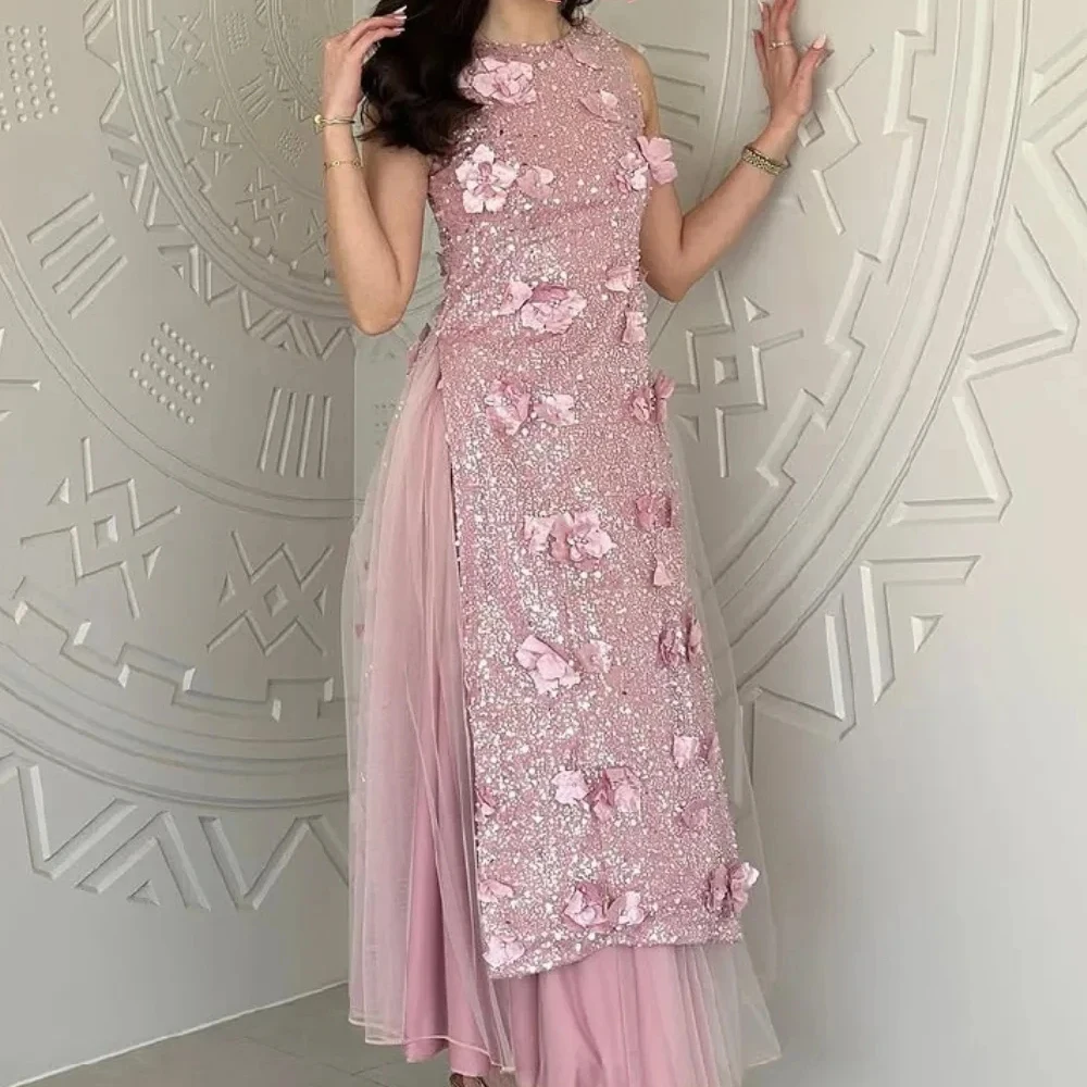 

Customized Exquisite Classic High quality Lace Pleat Applique Straight O-Neck Midi Dresses Prom Dresses Elegant Formal