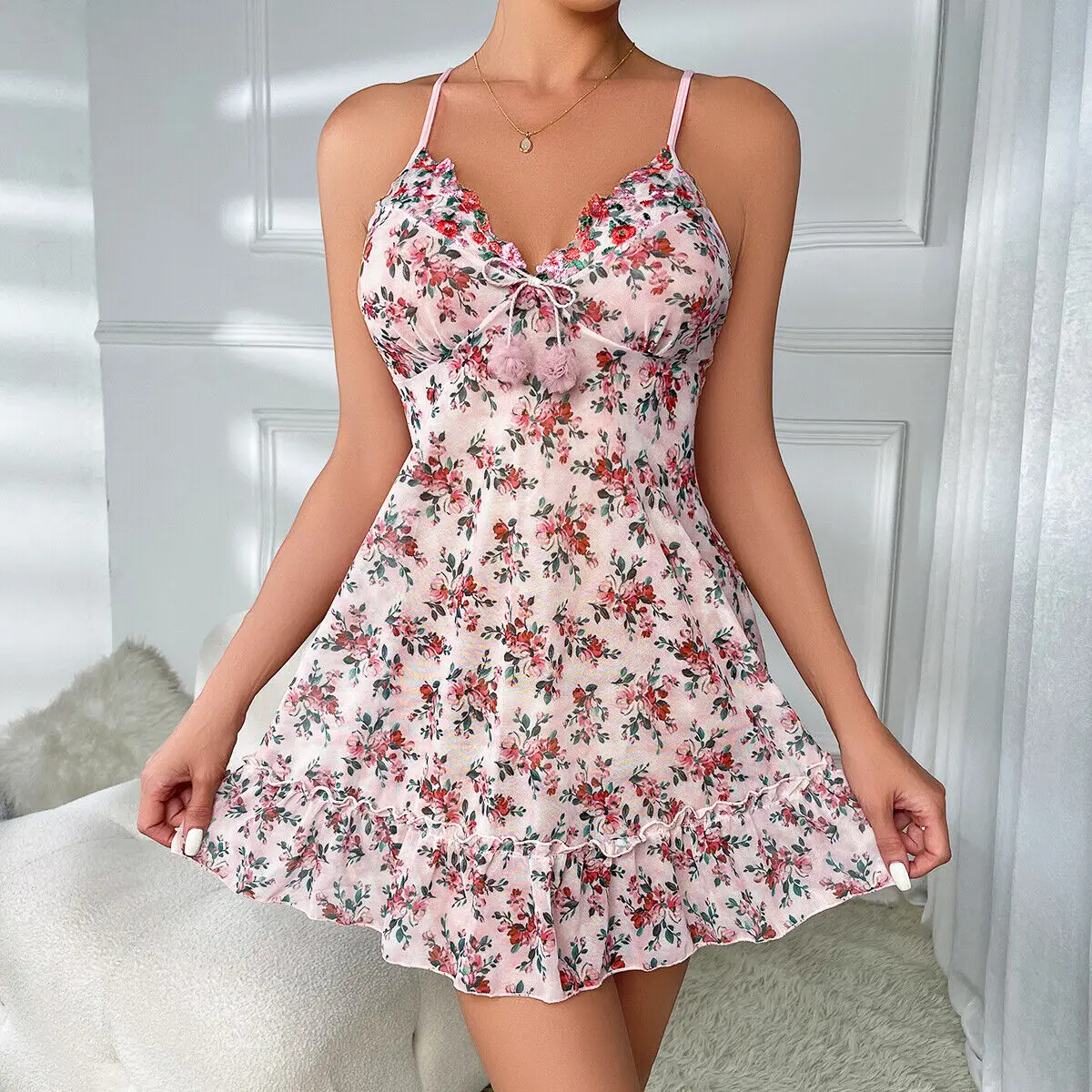 

Sexy Nightdress Set For Women Floral Printed Lingerie Pajamas Suit Low-cut Erotic Slip Dress Female Babydoll Costumes Dress