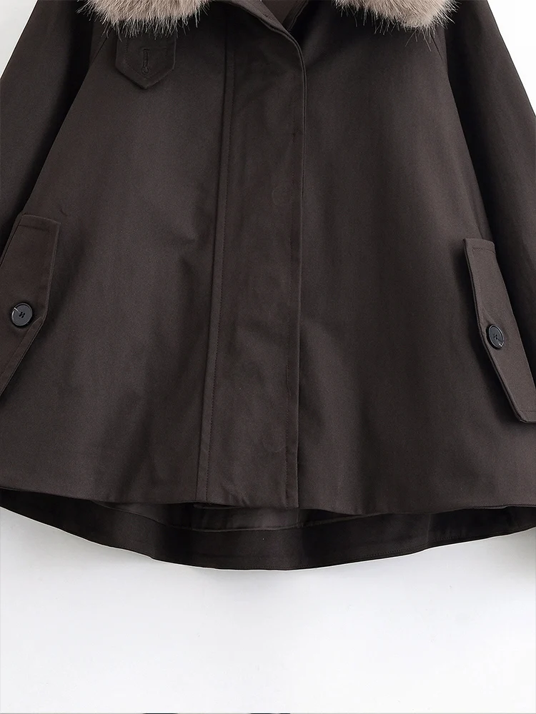 เสื้อแจ็คเก็ตกันลมสไตล์ยุโรปสำหรับผู้หญิง ดีไซน์ใหม่ แฟชั่นอเนกประสงค์ โทนสีเรียบหรู พร้อมปกขนสัตว์ถอดได้