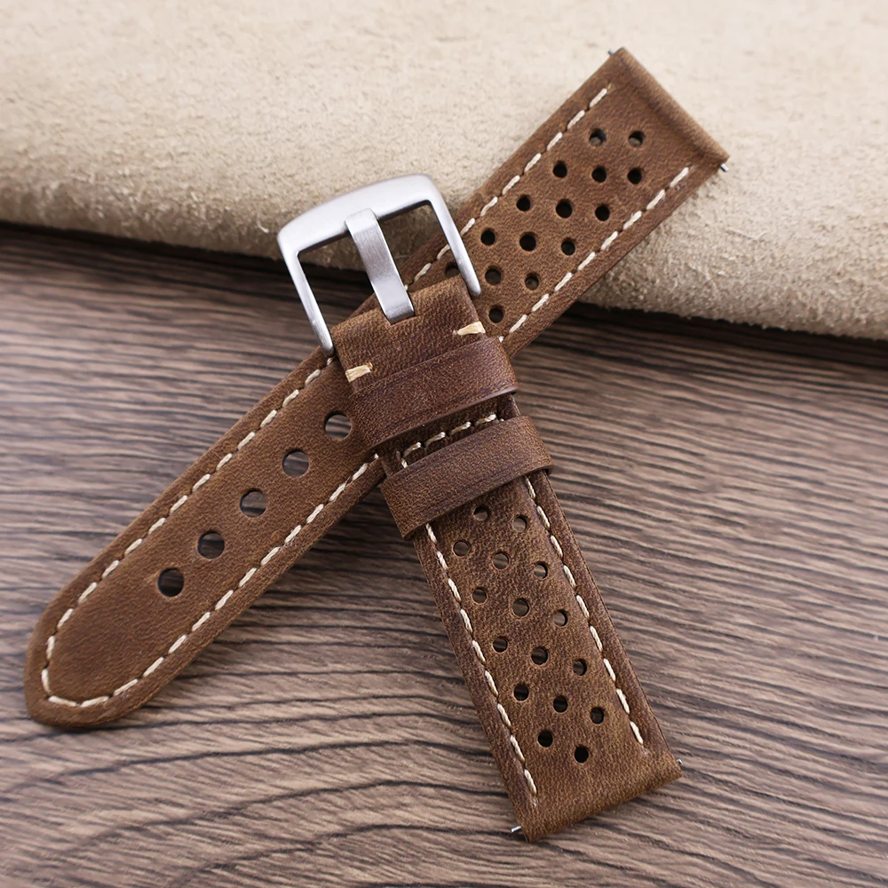 Porous Leather Watch Strap 22mm Vinatge Brown Leather Bracelet For Men\'s Watch Band Strap Breathable