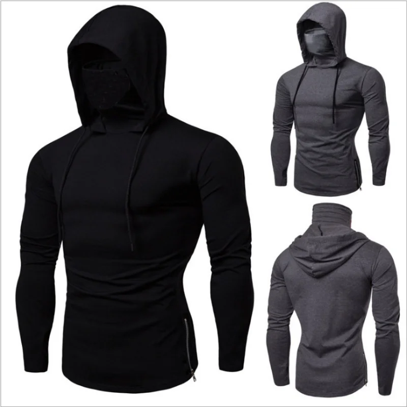 New Mens Gym Thin Hoodie Long Sleeve Hoodies With Mask Sweatshirt Casual Splice Large Mask Hoodie Sweatshirt Hooded Tops Cycling