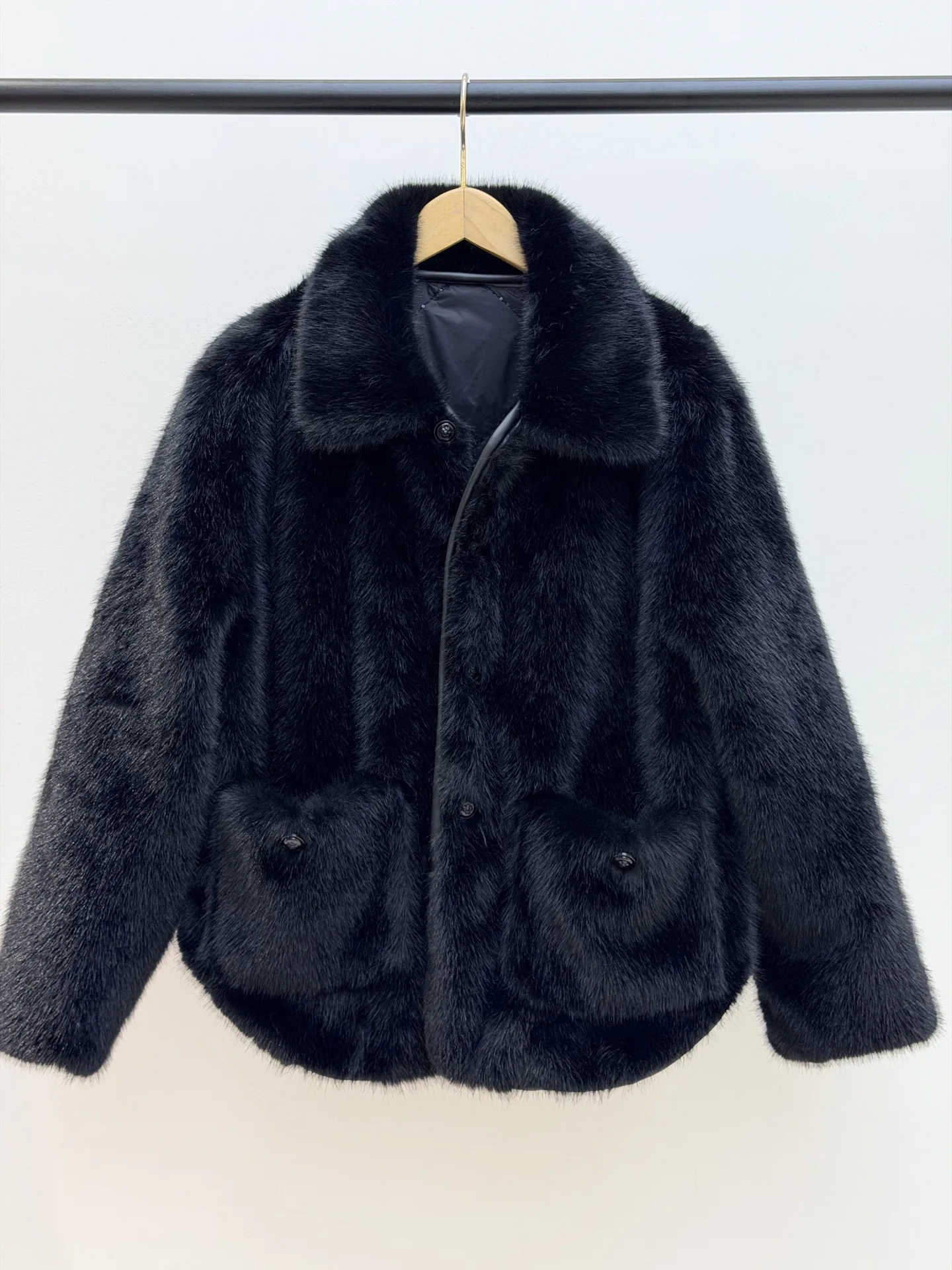 

Women Black Double Sided Diamond Grid Cotton Jacket Sequin Decorative Fur Collar Single Breasted Fashion Cotton-Padded Jacket