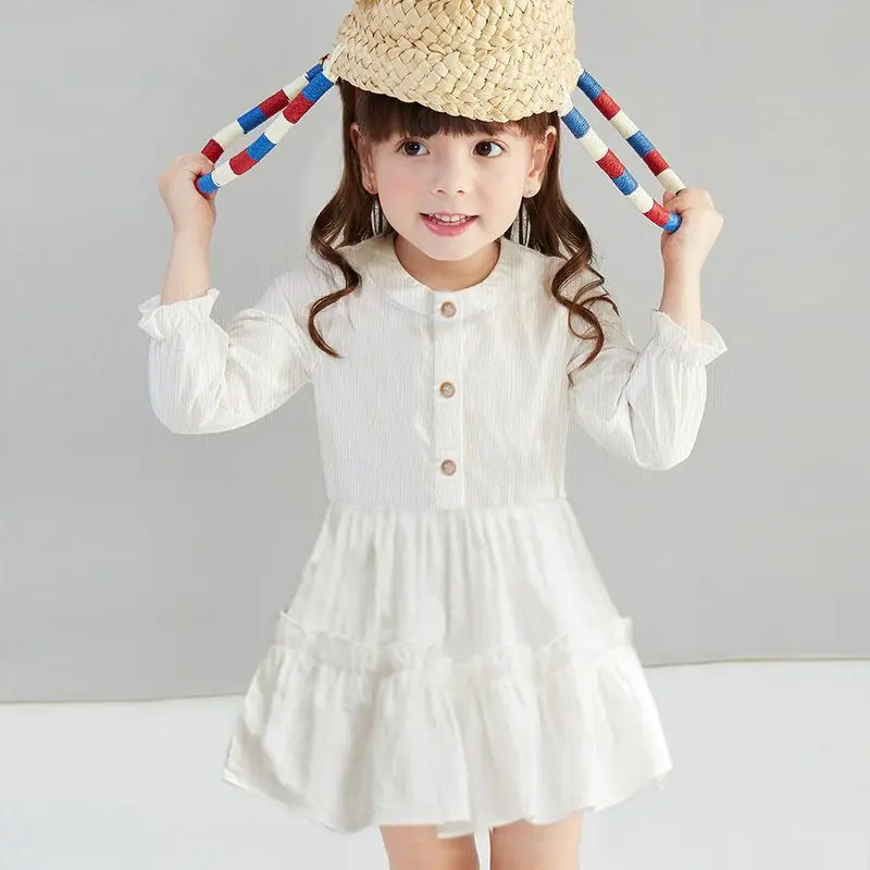 Cotton Girls Baby Dress New Spring and Autumn White  Girls Long Sleeve Clothing Little Girls Princess Dress Children\'s Dress