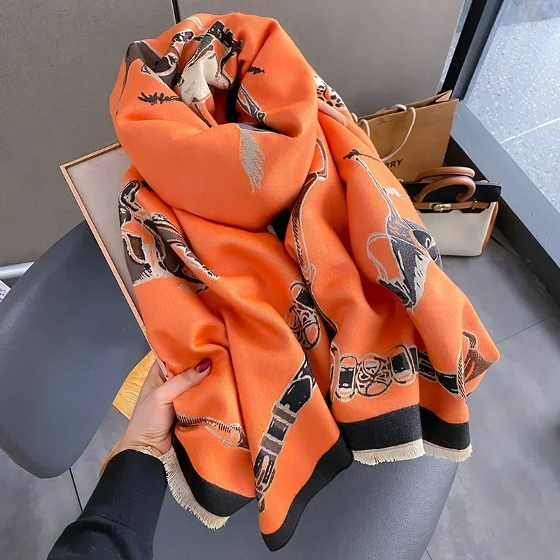 2024 Luxury Warm Pashmina Shawl Women Scarf Thick Winter Travel Poncho Cashmere Wraps Bufana Design Print Blanket Casual Echarpe