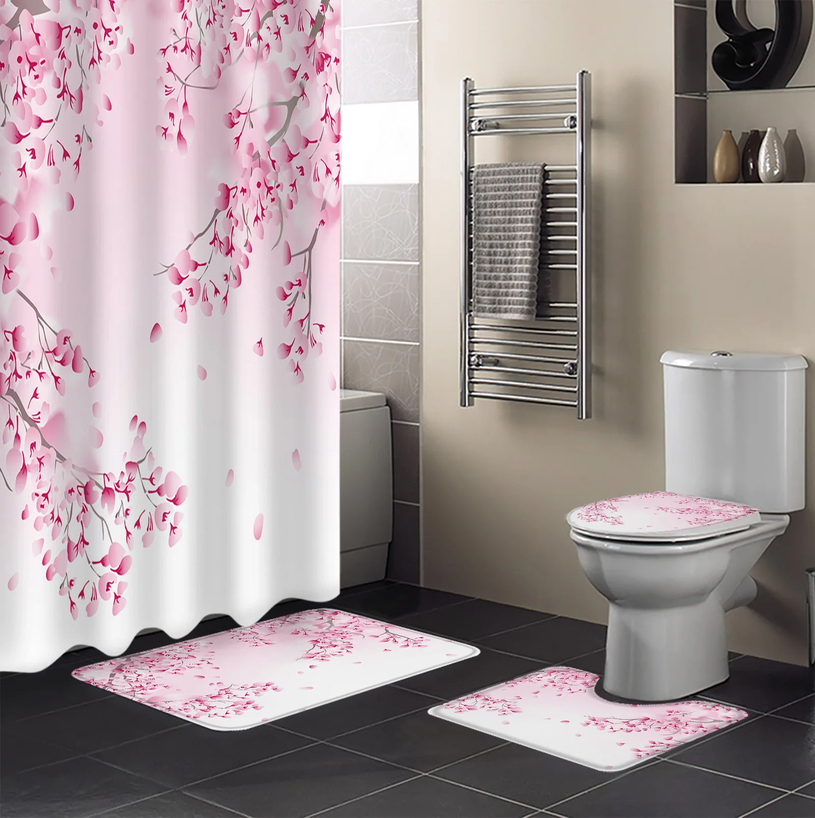 Japanese Style Sakura Texture Shower Curtain Set Non-Slip Rugs Bath Mat Toilet Lid Cover Waterproof Polyester Bathroom Curtain