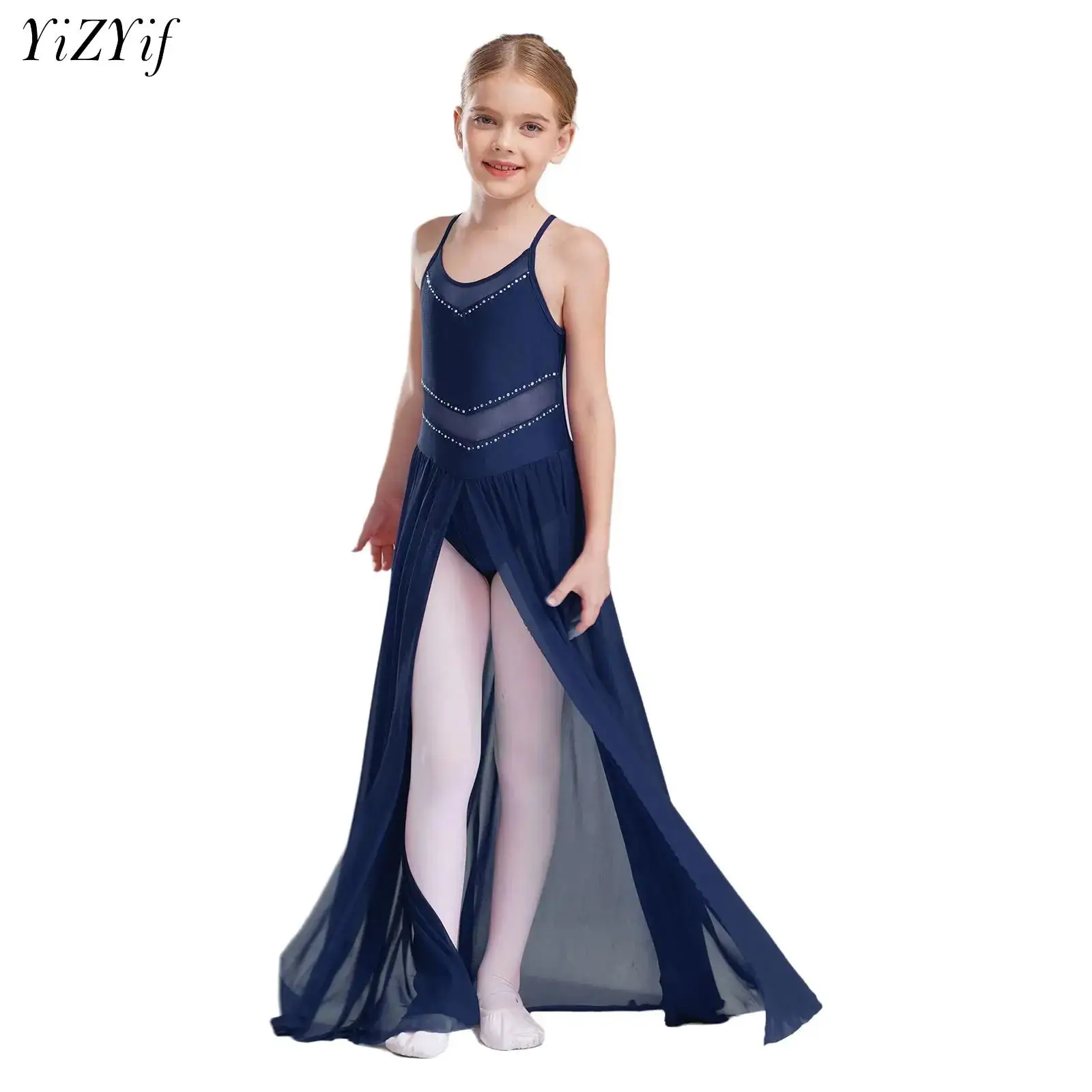 

Girls Ballet Dancewear Flowy Mesh Maxi Dress Lyrical Figure Skating Leotard Dress Crisscross Back Stage Performance Costume